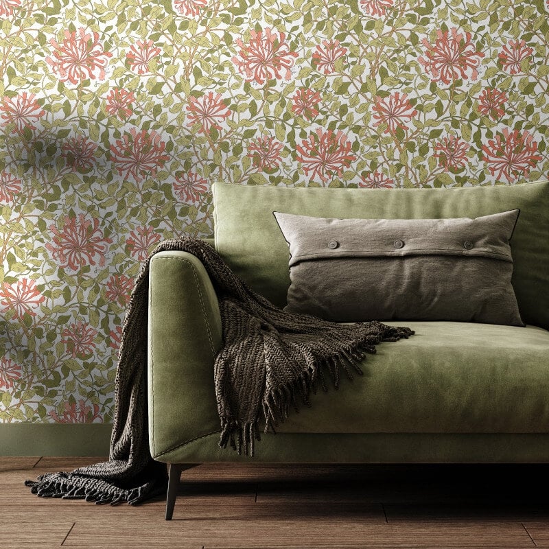 Honeysuckle Leaf Trail Wallpaper - Coral Pink - Hoopla Walls - HWA1075W - Premier Wallcovering
