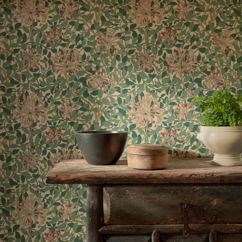 Honeysuckle Wallpaper - Green/Coral/Pink - Morris & Co - 210436 - Premier Wallcovering