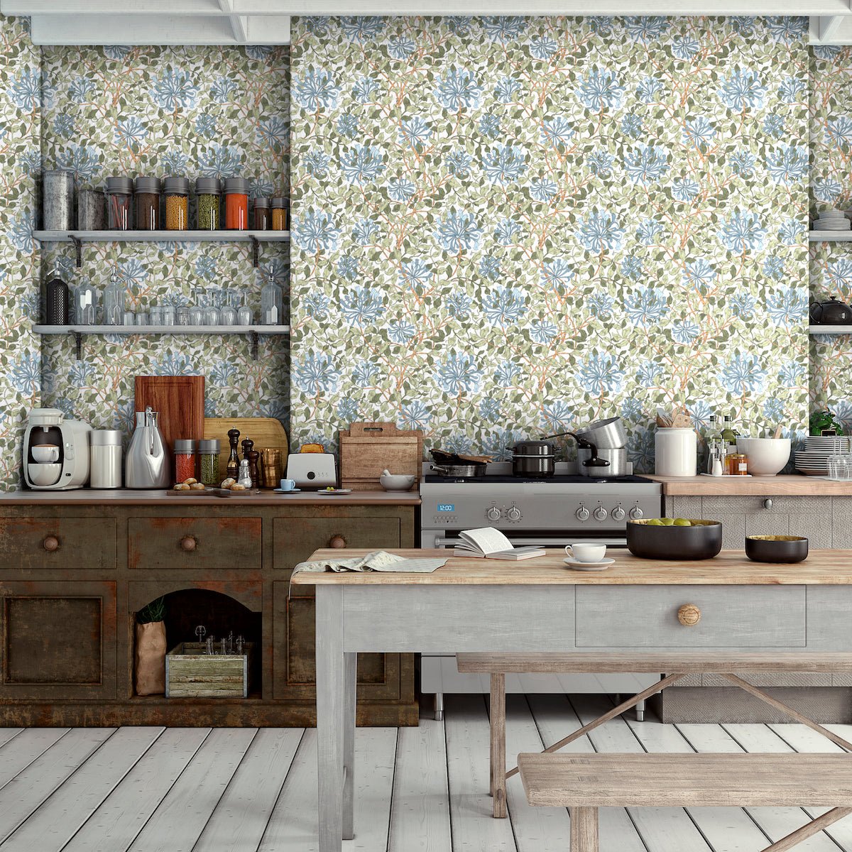 Morris Collections - 1119 - Honeysuckle Wallpaper - Webbs Grey Blue - Premier Wallcovering