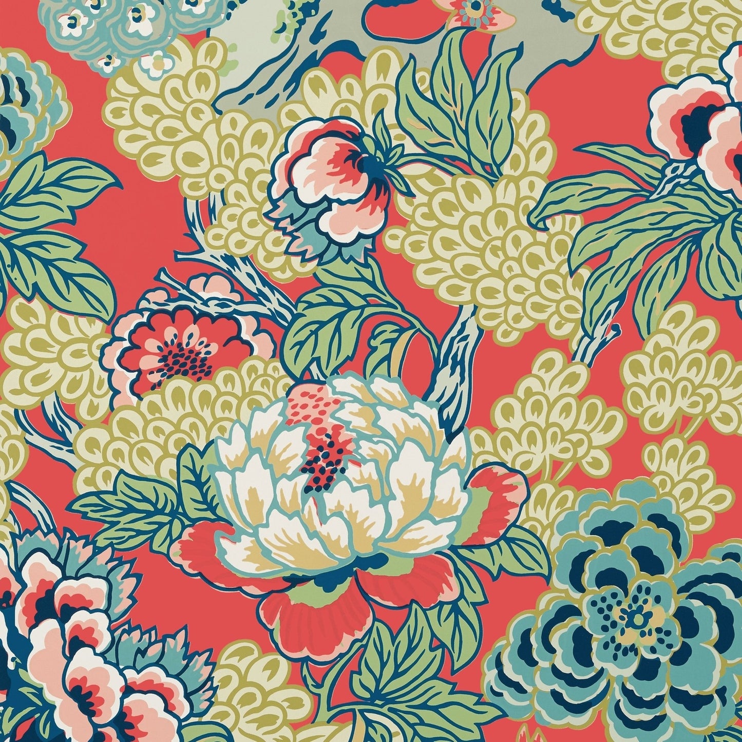 Honshu Wallpaper - Coral & Green - Thibaut - T75490 - Premier Wallcovering