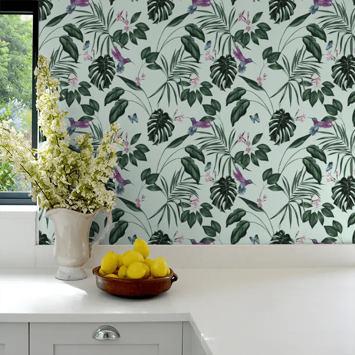 Hummingbird Wallpaper - Duck Egg - Ohpopsi - WLD53115W - Premier Wallcovering