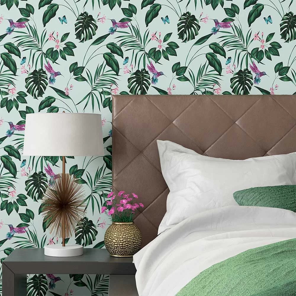 Hummingbird Wallpaper - Duck Egg - Ohpopsi - WLD53115W - Premier Wallcovering