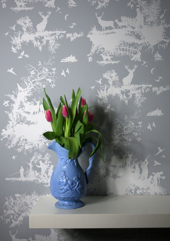 Hunting Toile Wallpaper - White on Pale Blue - Timorous Beasties - TB/HTOIL/4232/05 - Premier Wallcovering