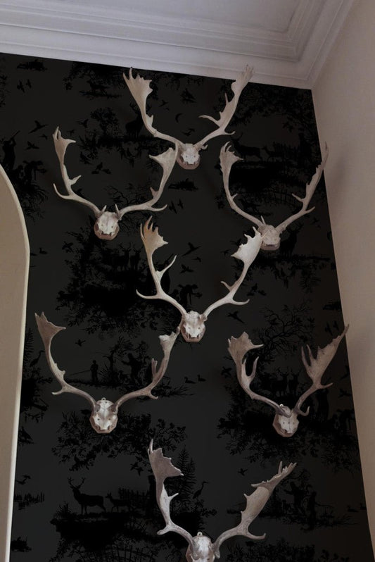 Hunting Toile Wallpaper - Black on Black - Timorous Beasties - TB/HTOIL/4007/04 - Premier Wallcovering