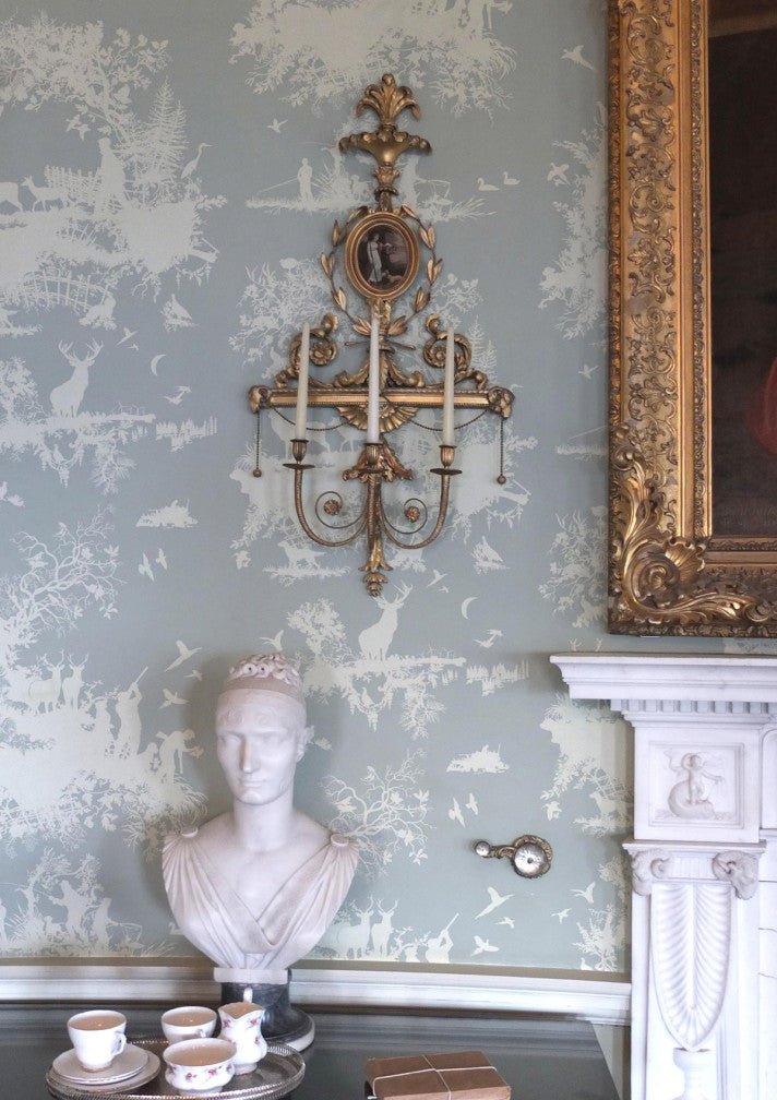 Hunting Toile Wallpaper - White on Pale Blue - Timorous Beasties - TB/HTOIL/4232/05 - Premier Wallcovering