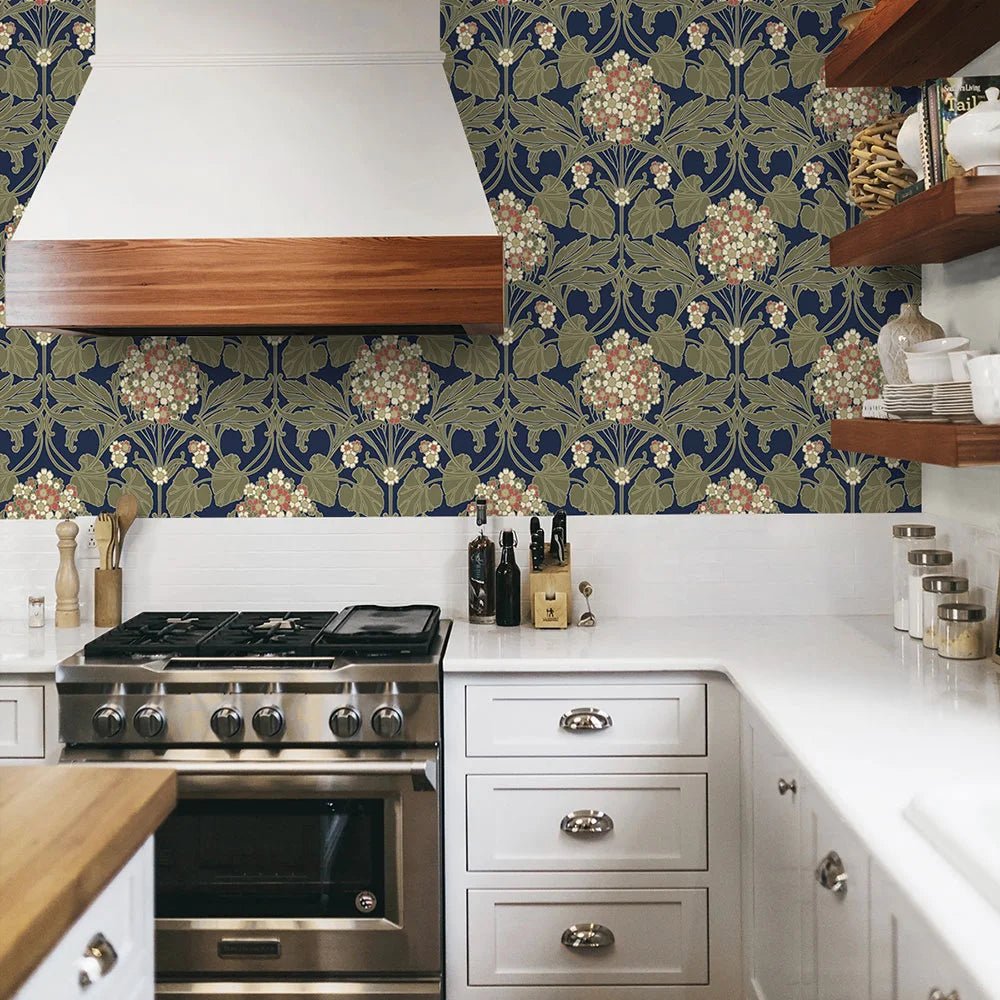 Hydrangea Floral Wallpaper - Dark Blue & Terracotta - NextWall - NW60402 - Premier Wallcovering