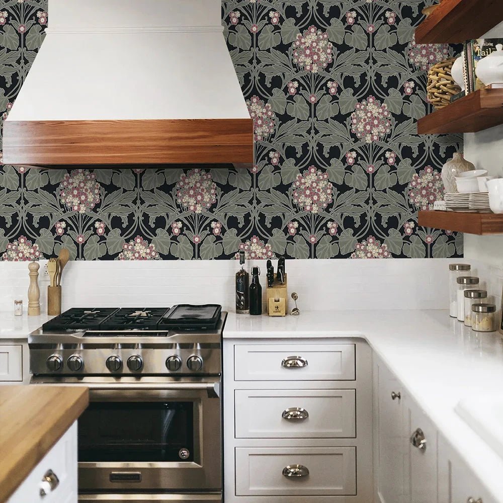 Hydrangea Floral Wallpaper - Black & Rosewood - NextWall - NW60410 - Premier Wallcovering
