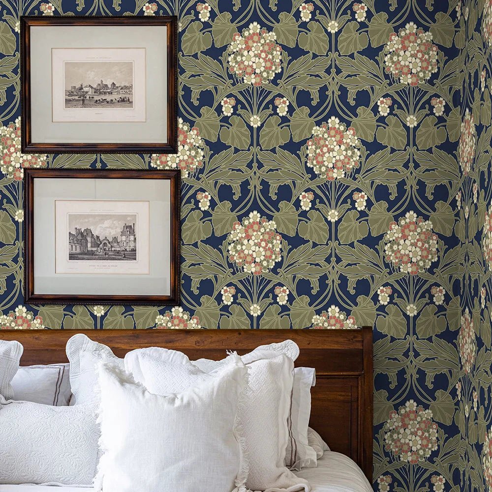 Hydrangea Floral Wallpaper - Dark Blue & Terracotta - NextWall - NW60402 - Premier Wallcovering