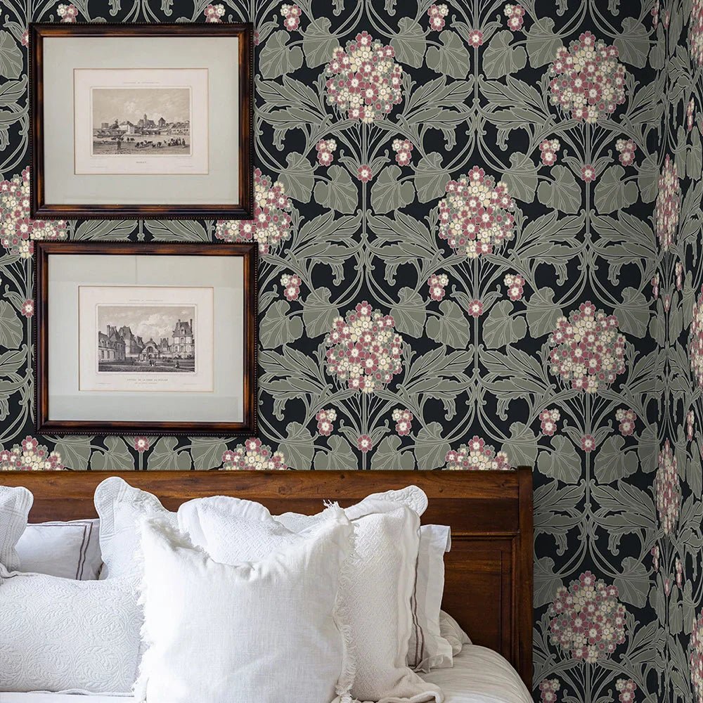 Hydrangea Floral Wallpaper - Black & Rosewood - NextWall - NW60410 - Premier Wallcovering