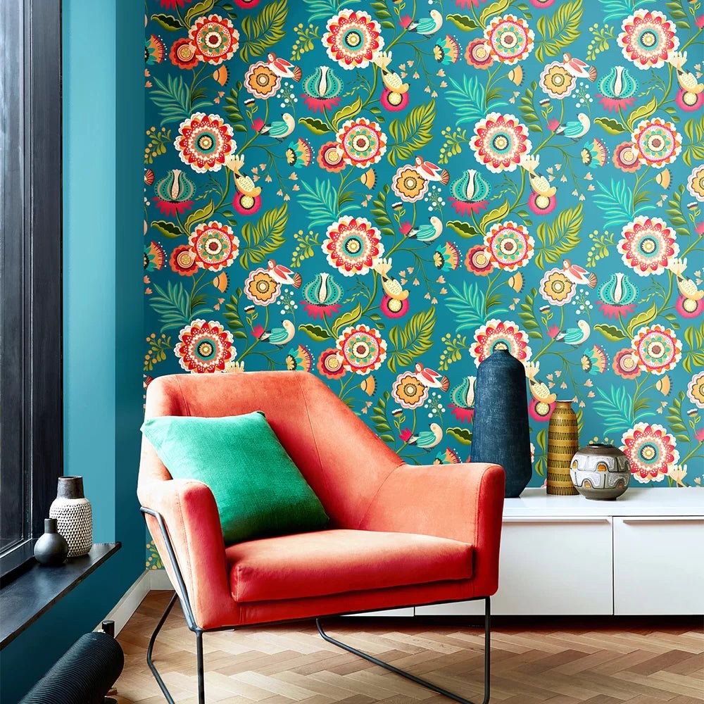 Ichika Trail Wallpaper - Peacock - Ohpopsi - IKA50112W - Premier Wallcovering