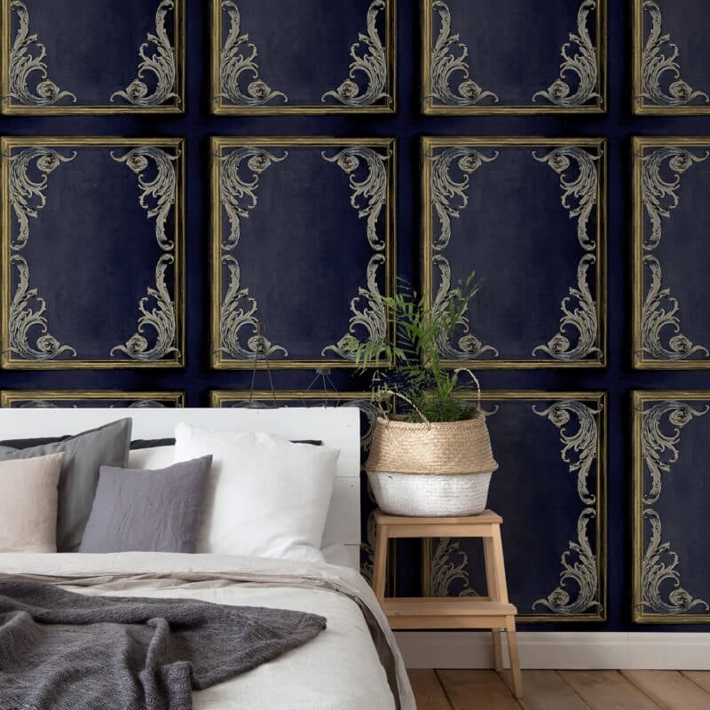 Icon Rococo Panel Wallpaper - Navy - Grandeco - 191502 - Premier Wallcovering