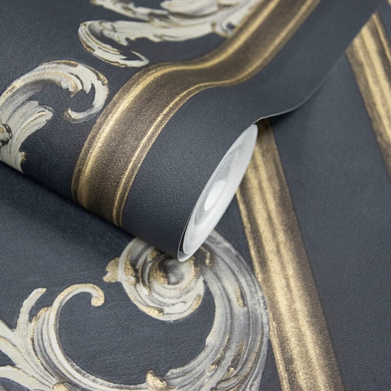 Icon Rococo Panel Wallpaper - Navy - Grandeco - 191502 - Premier Wallcovering