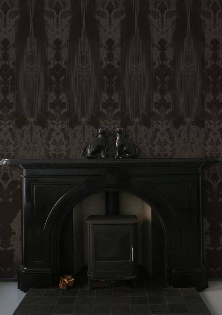 Ikat Damask Wallpaper Panels - Black - Timorous Beasties - ROR/IKAT/MICA/06 - Premier Wallcovering