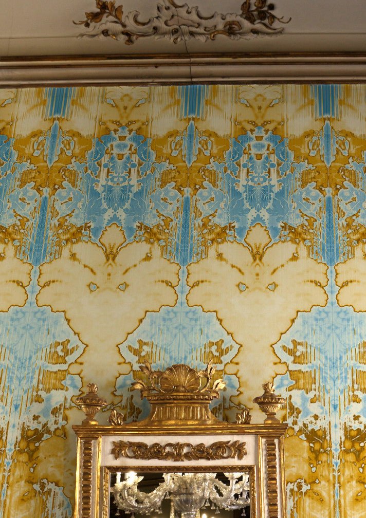 Ikat Damask Wallpaper Panels - Blues, Gold and White - Timorous Beasties - ROR/IKAT/MICA/04 - Premier Wallcovering