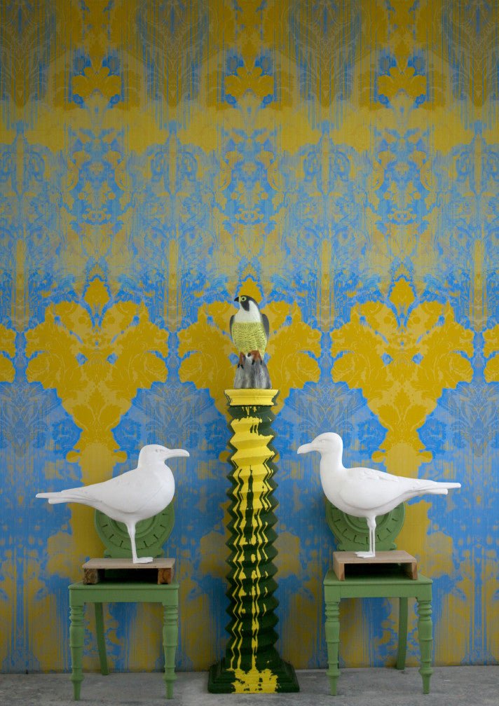 Ikat Damask Wallpaper Panels - Blues and Golds - Timorous Beasties - ROR/IKAT/MICA/05 - Premier Wallcovering