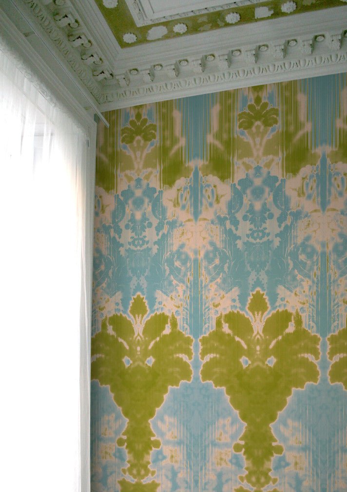 Ikat Damask Wallpaper Panels - Blues and Greens - Timorous Beasties - ROR/IKAT/MICA/02 - Premier Wallcovering