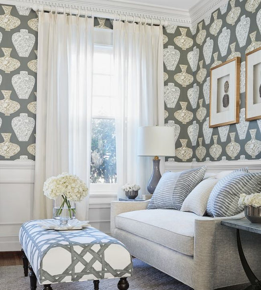 Imari Vase Wallpaper - Emerald Green - Thibaut - T13125 - Premier Wallcovering