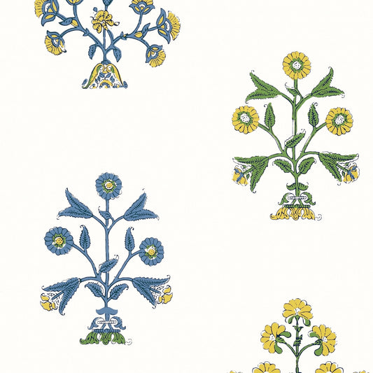 Indian Flower Wallpaper - Blue & Yellow - Thibaut - T10664 - Premier Wallcovering