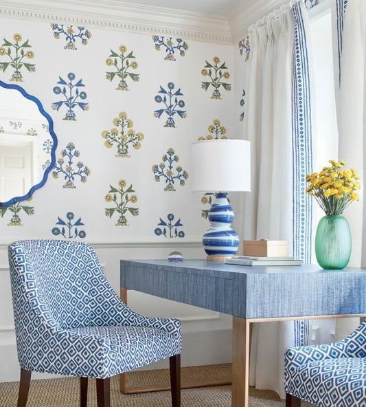 Indian Flower Wallpaper - Blue & Yellow - Thibaut - T10664 - Premier Wallcovering