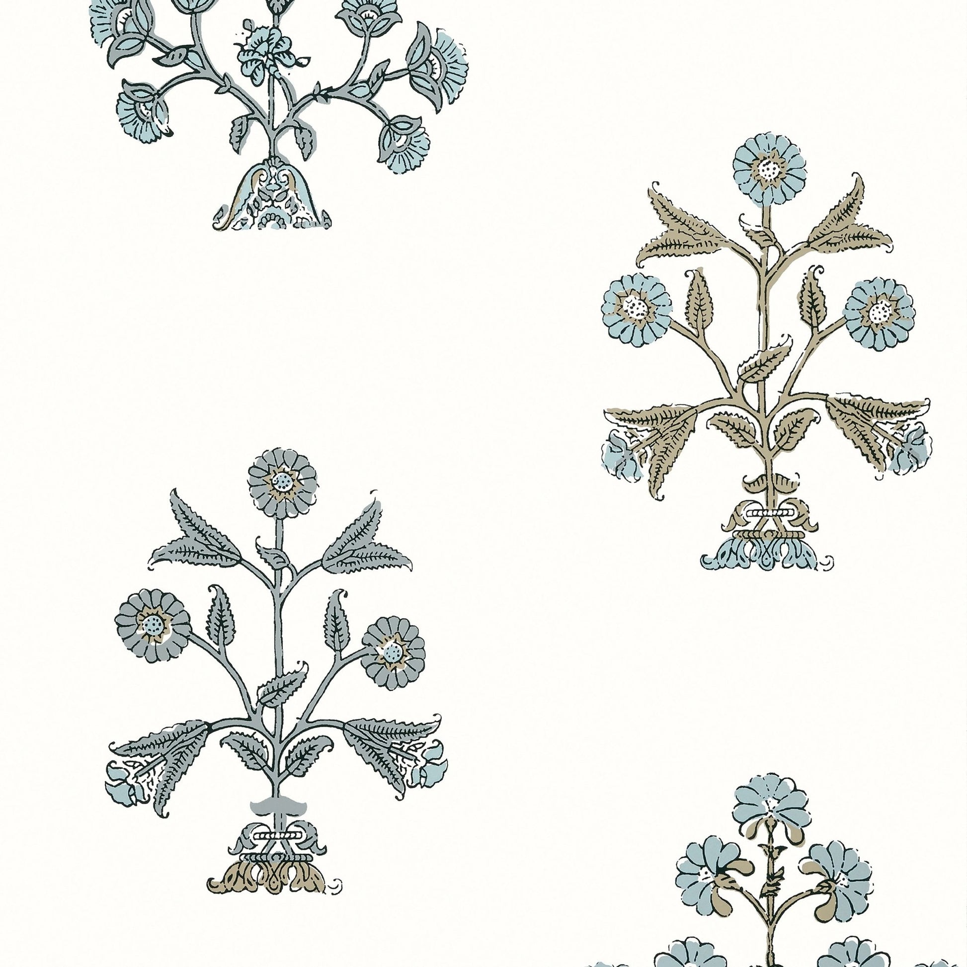 Indian Flower Wallpaper - Spa Blue - Thibaut - T10668 - Premier Wallcovering