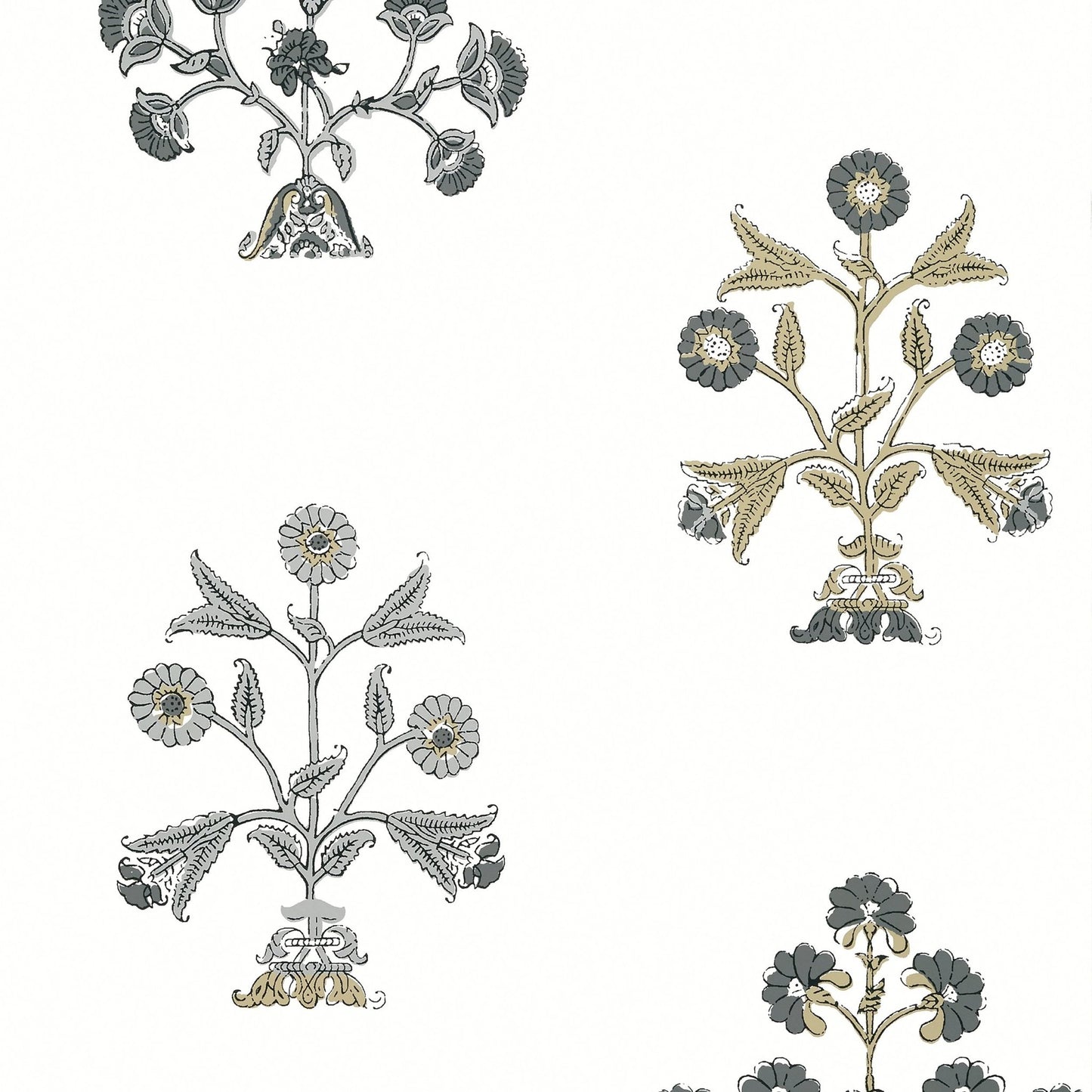 Indian Flower Wallpaper - Black & White - Thibaut - T10666 - Premier Wallcovering