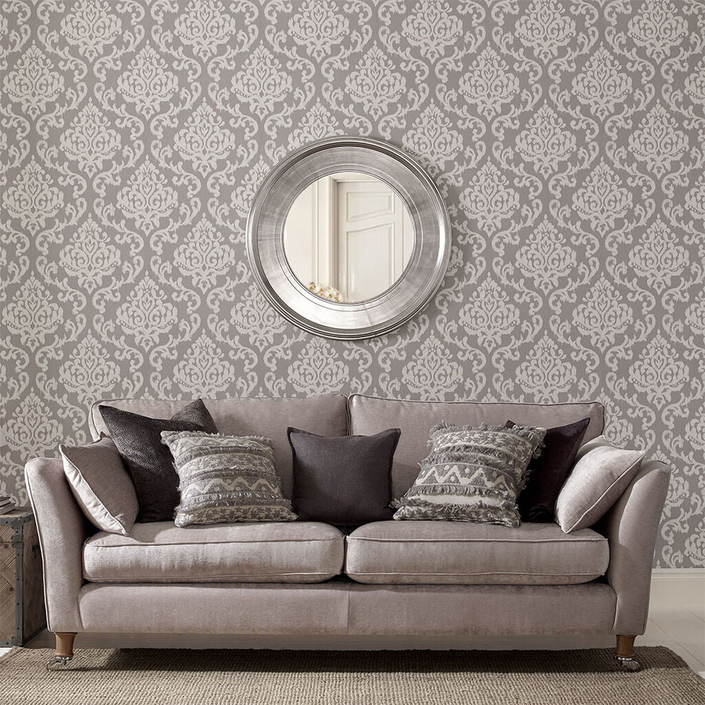 Indian Ink Damask Wallpaper - Grey Mist - Graham & Brown - 103928 - Premier Wallcovering