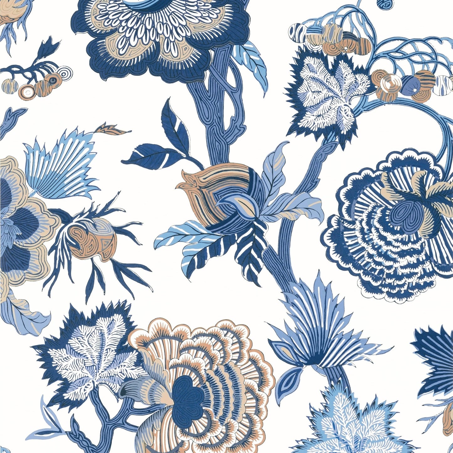 Indienne Jacobean Wallpaper - Blue & White - Thibaut - T36418 - Premier Wallcovering
