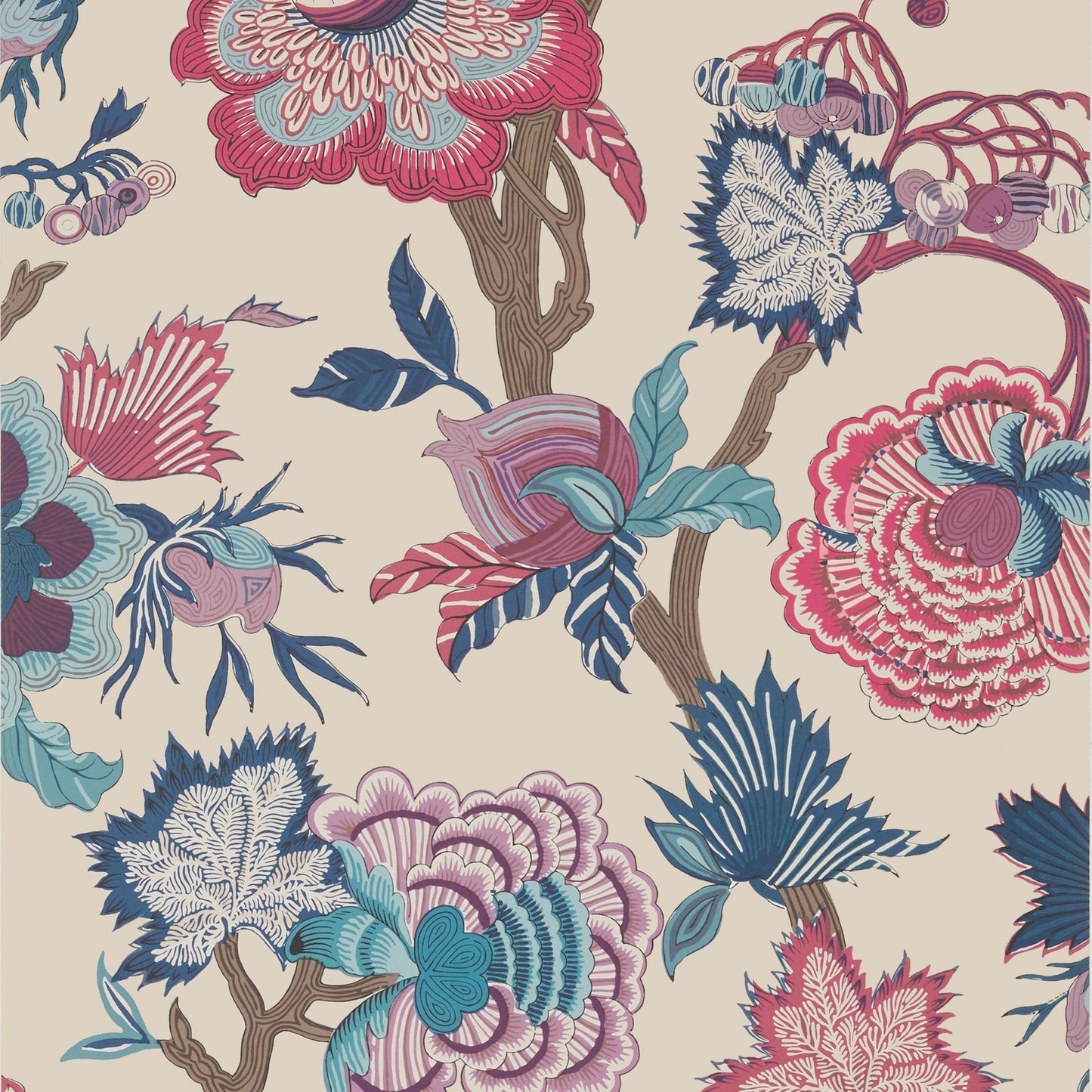 Indienne Jacobean Wallpaper - Raspberry & Blue on Natural - Thibaut - T36419 - Premier Wallcovering