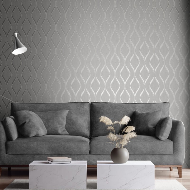 Indra Geo Wave Metallic Wallpaper - Grey/Silver - Muriva - 154112 - Premier Wallcovering