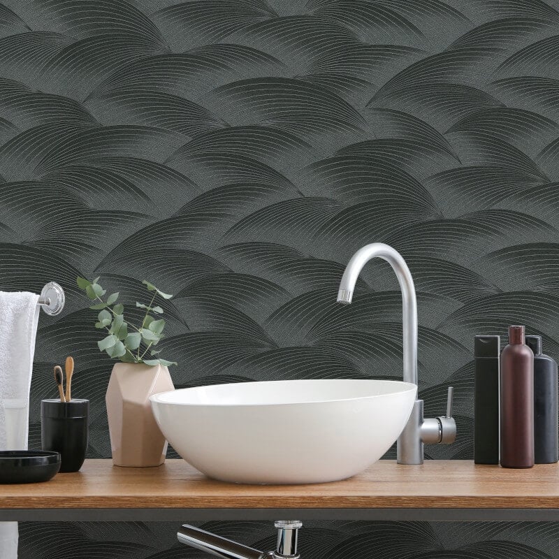 Interlocking Waves Metallic Wallpaper - Black - Erismann - 10372 - 15 - Premier Wallcovering