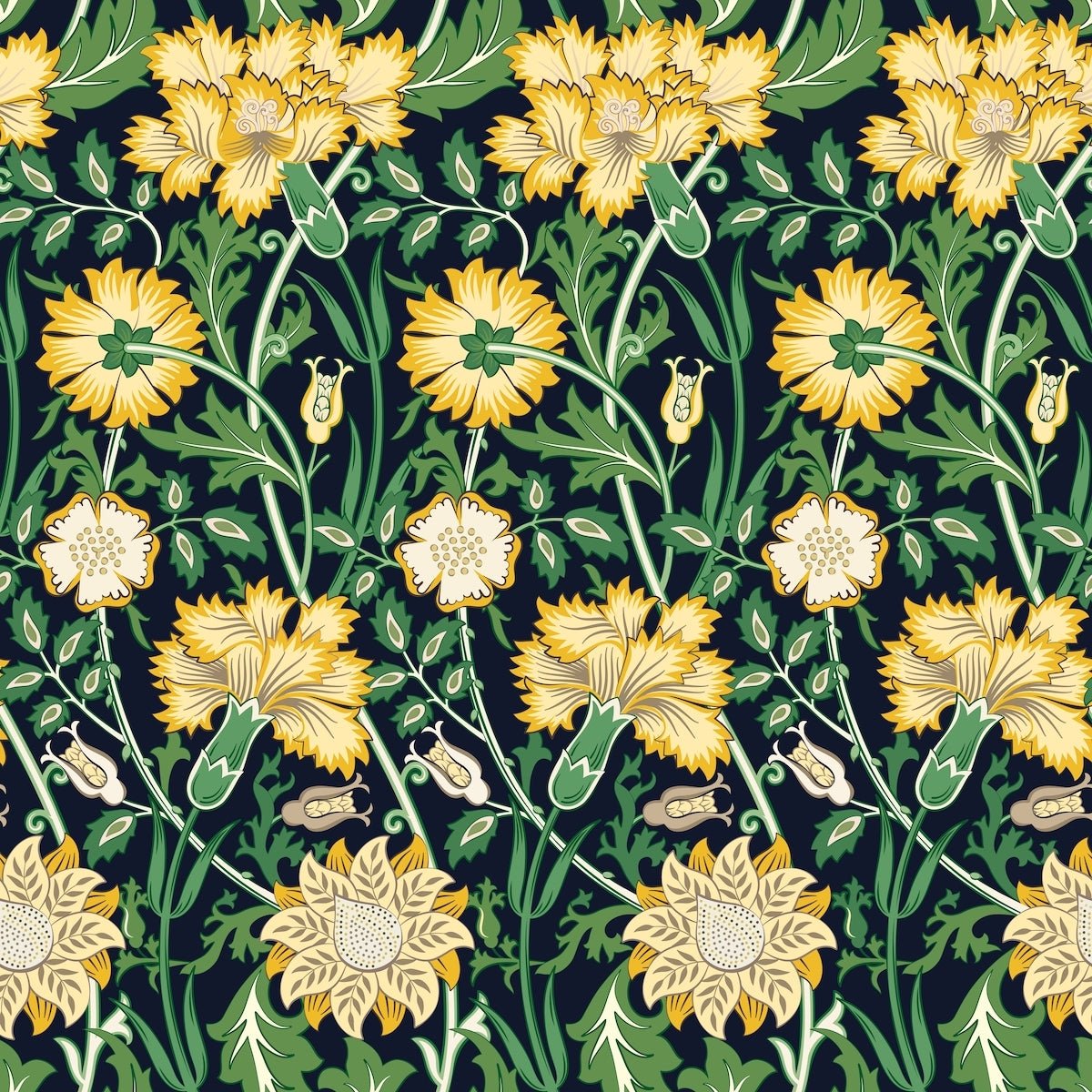 Morris Collections - 1093 - Iris & Chrysanthemum Wallpaper - Saffron Green - Premier Wallcovering