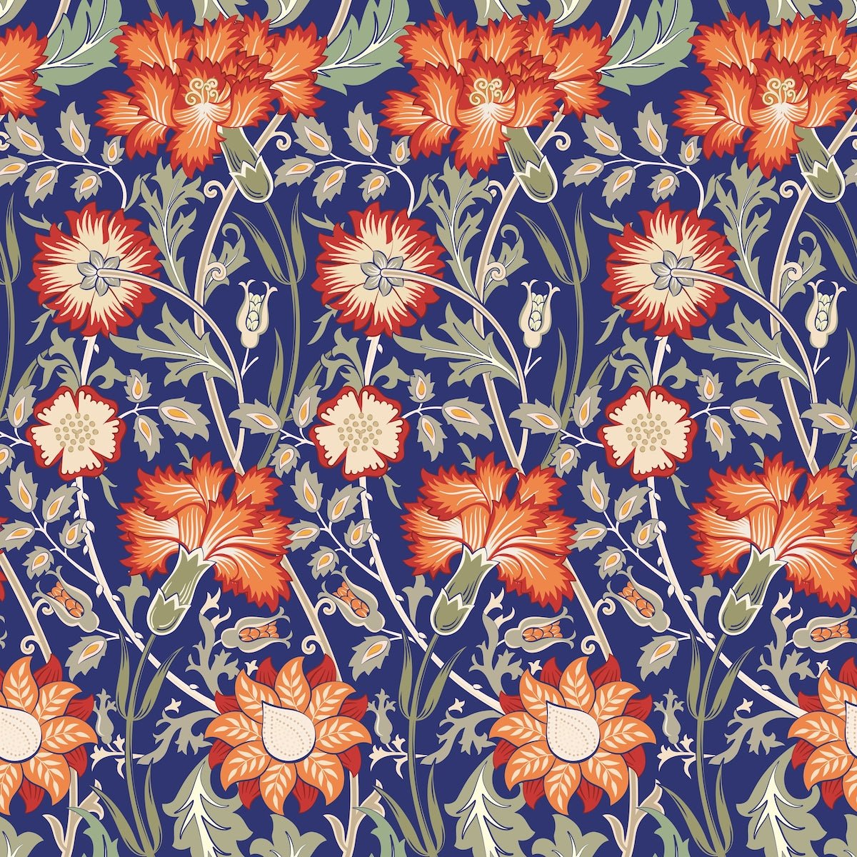 Morris Collections - 1095 - Iris & Chrysanthemum Wallpaper - Azure Blue Red - Premier Wallcovering