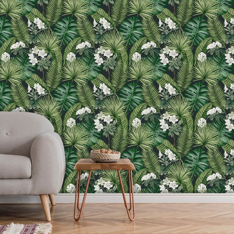 Isla Leaf Wallpaper - Black/Green - Muriva - M37804 - Premier Wallcovering