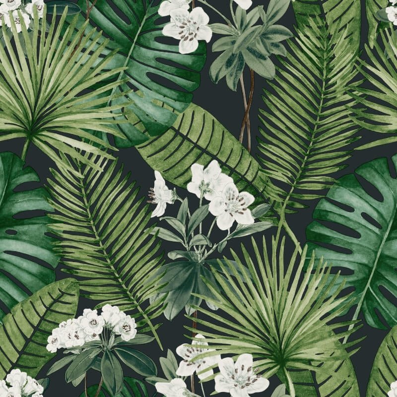 Isla Leaf Wallpaper - Black/Green - Muriva - M37804 - Premier Wallcovering