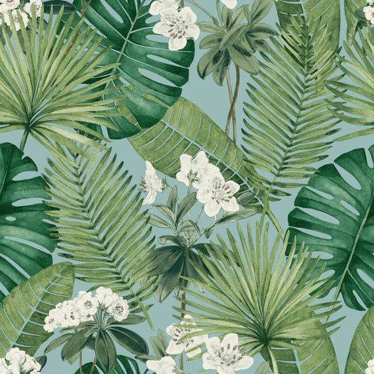 Isla Leaf Wallpaper - Blue/Green - Muriva - M37801 - Premier Wallcovering