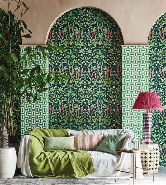 Jasmine & Serin Symphony Wallpaper - Yellow & Leaf Green on Dark Forest Green - 117/10029 - Cole & Son - Premier Wallcovering