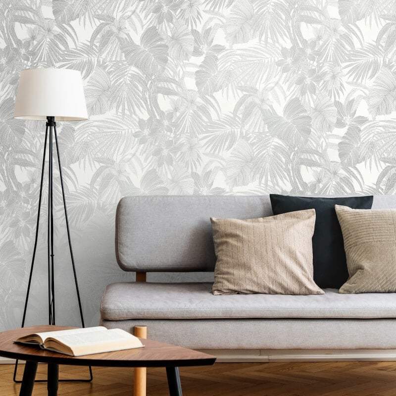 Joelle Leaf Metallic Wallpaper - White/Silver - Grandeco - A51303 - Premier Wallcovering