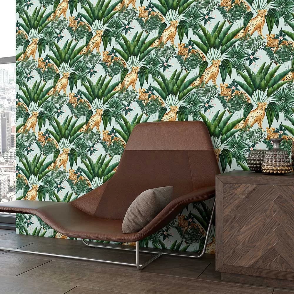 Jungle Cheetah Wallpaper - Duck Egg - Ohpopsi - WLD53107W - Premier Wallcovering