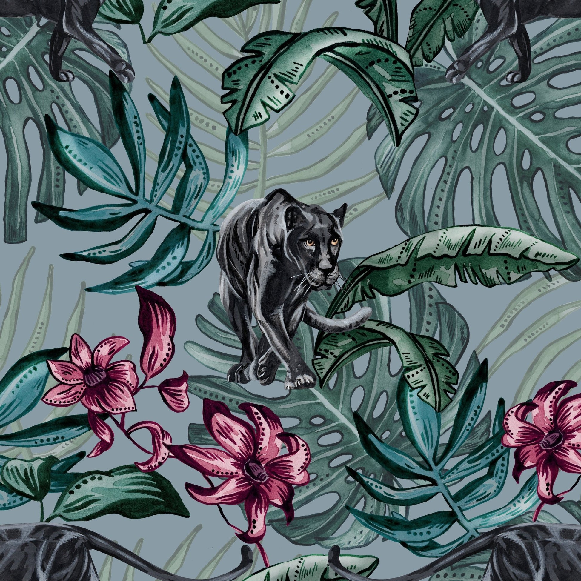 Jungle Panther Wallpaper - Blue - The Graduate Collection - AB1PANBLUE - Premier Wallcovering
