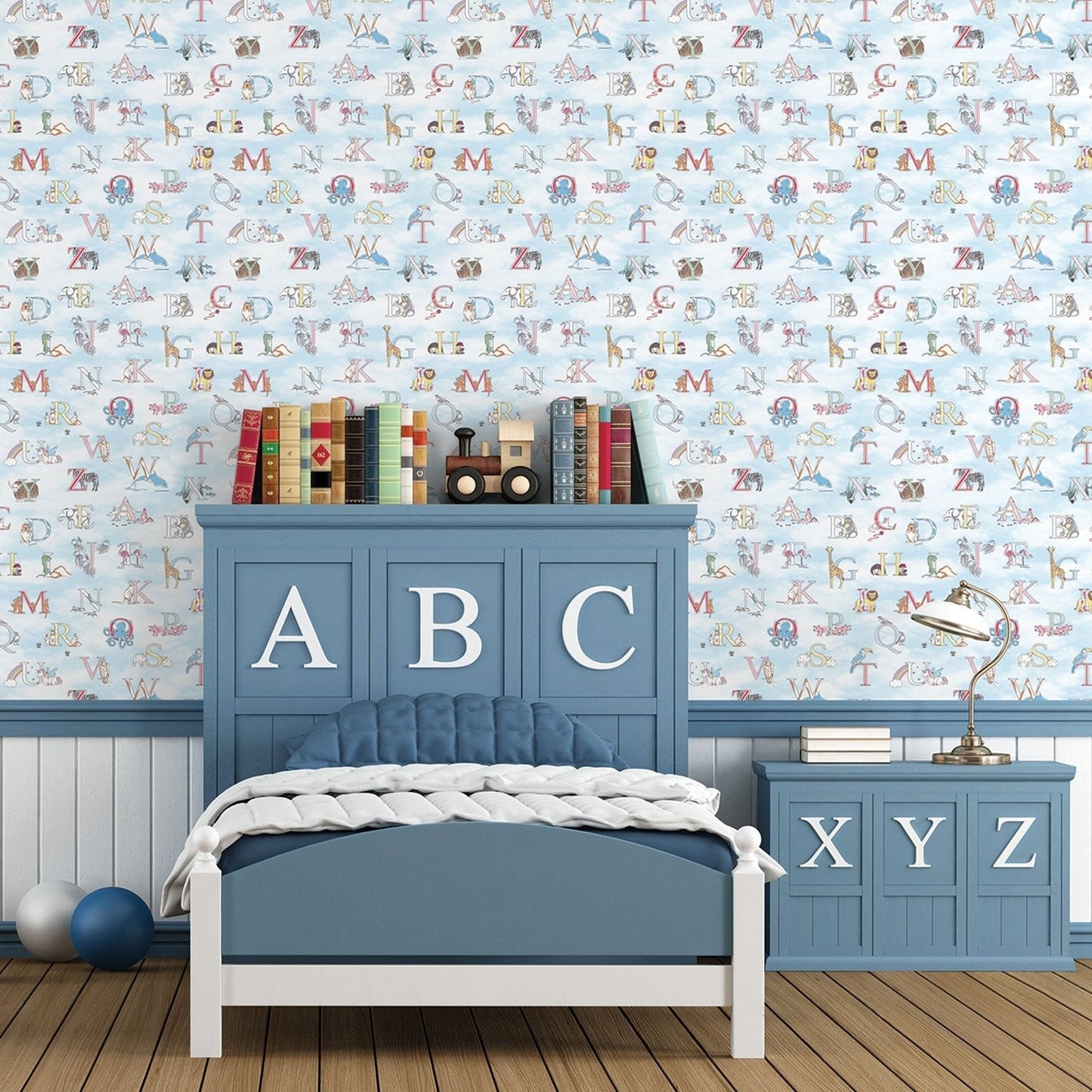 Just 4 Kids 2 Alphabet Wallpaper - Blue / Multi - Galerie - G56537 - Premier Wallcovering