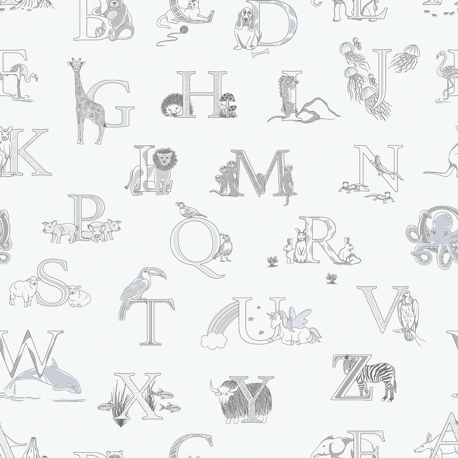 Just 4 Kids 2 Alphabet Wallpaper - Grey / White - Galerie - G56536 - Premier Wallcovering