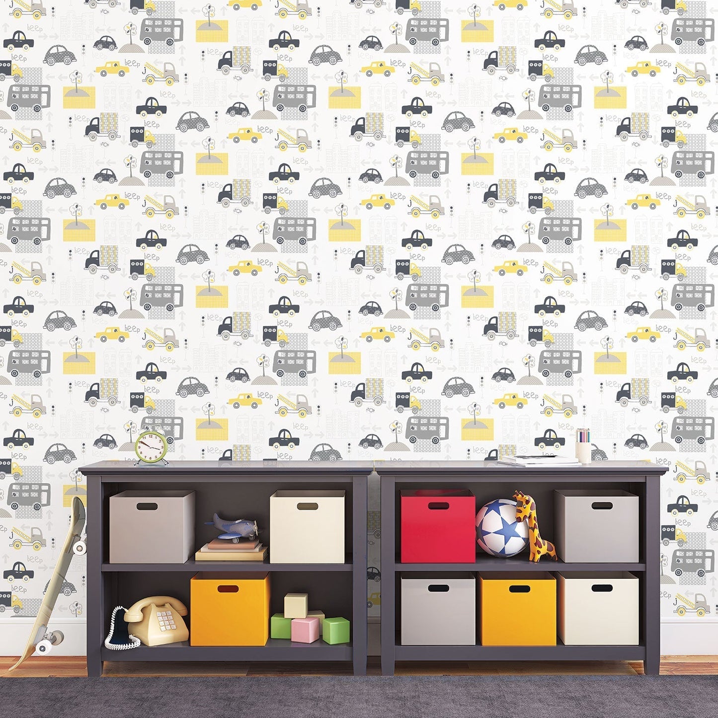 Just 4 Kids 2 City Traffic Wallpaper - Yellow / Grey - Galerie - G56011 - Premier Wallcovering