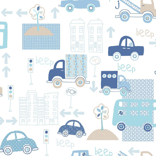 Just 4 Kids 2 City Traffic Wallpaper - Blue / White - Galerie - G56009 - Premier Wallcovering