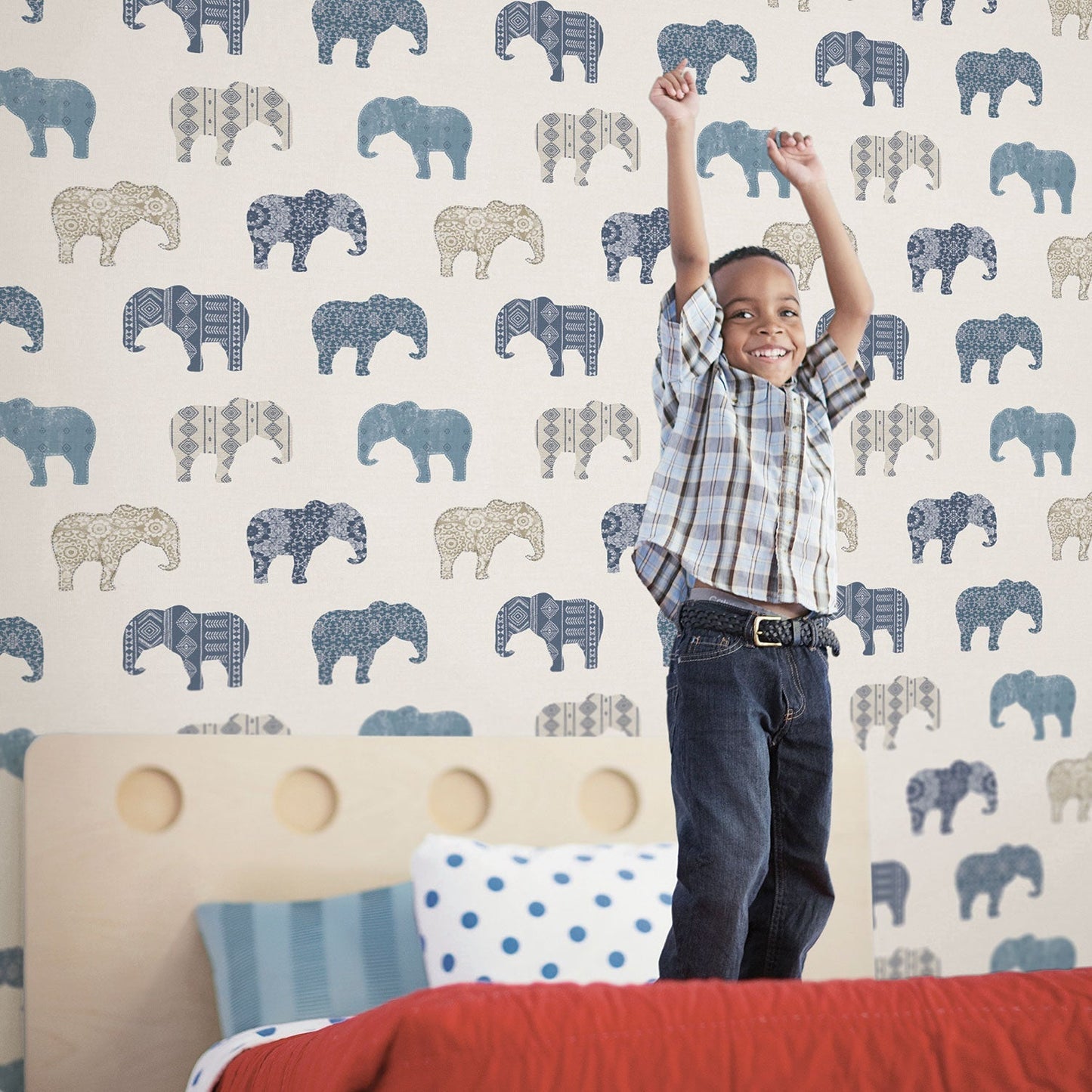 Just 4 Kids 2 Elephants Wallpaper - Blue / Beige - Galerie - G56528 - Premier Wallcovering