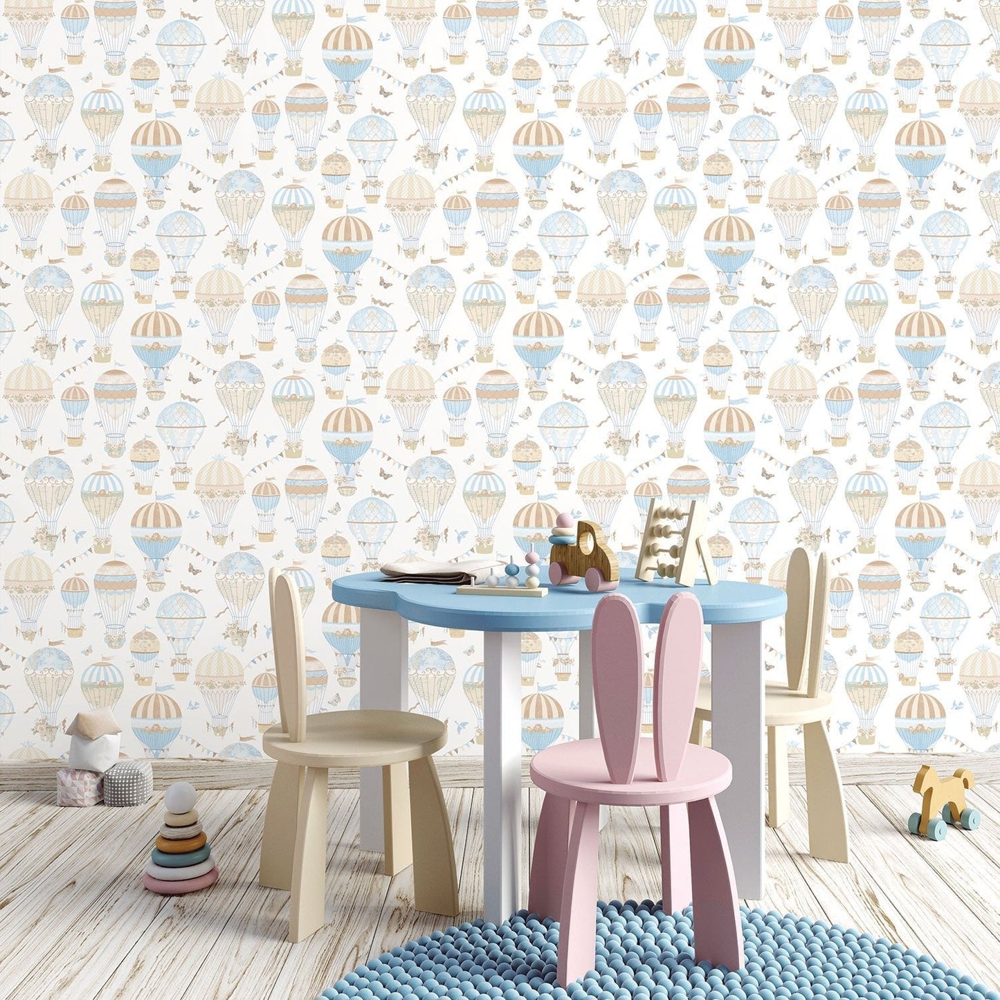 Just 4 Kids 2 Hot Air Balloons Wallpaper - Blue / Beige - Galerie - G56544 - Premier Wallcovering