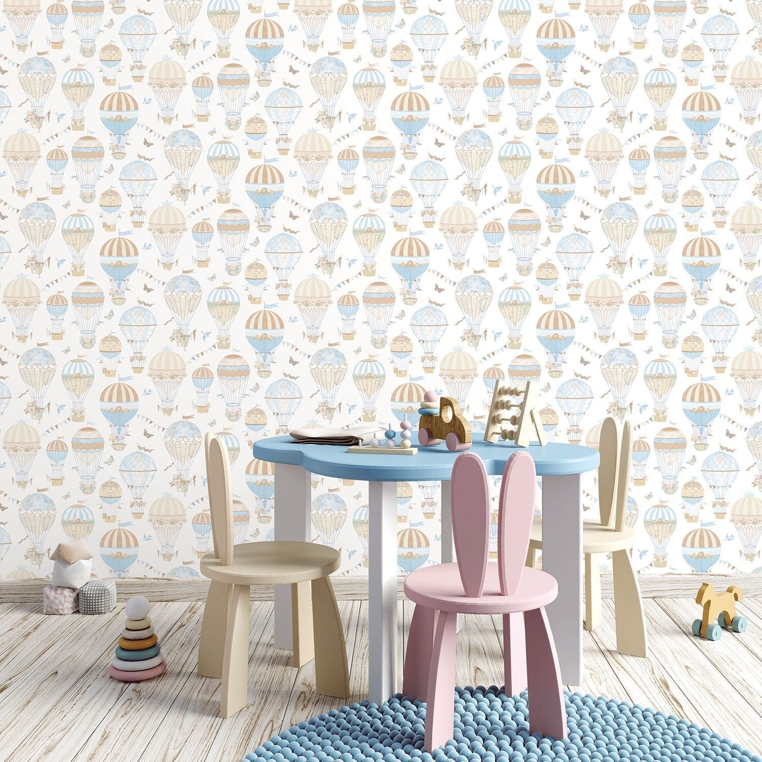 Just 4 Kids 2 Hot Air Balloons Wallpaper - Blue / Beige - Galerie - G56544 - Premier Wallcovering