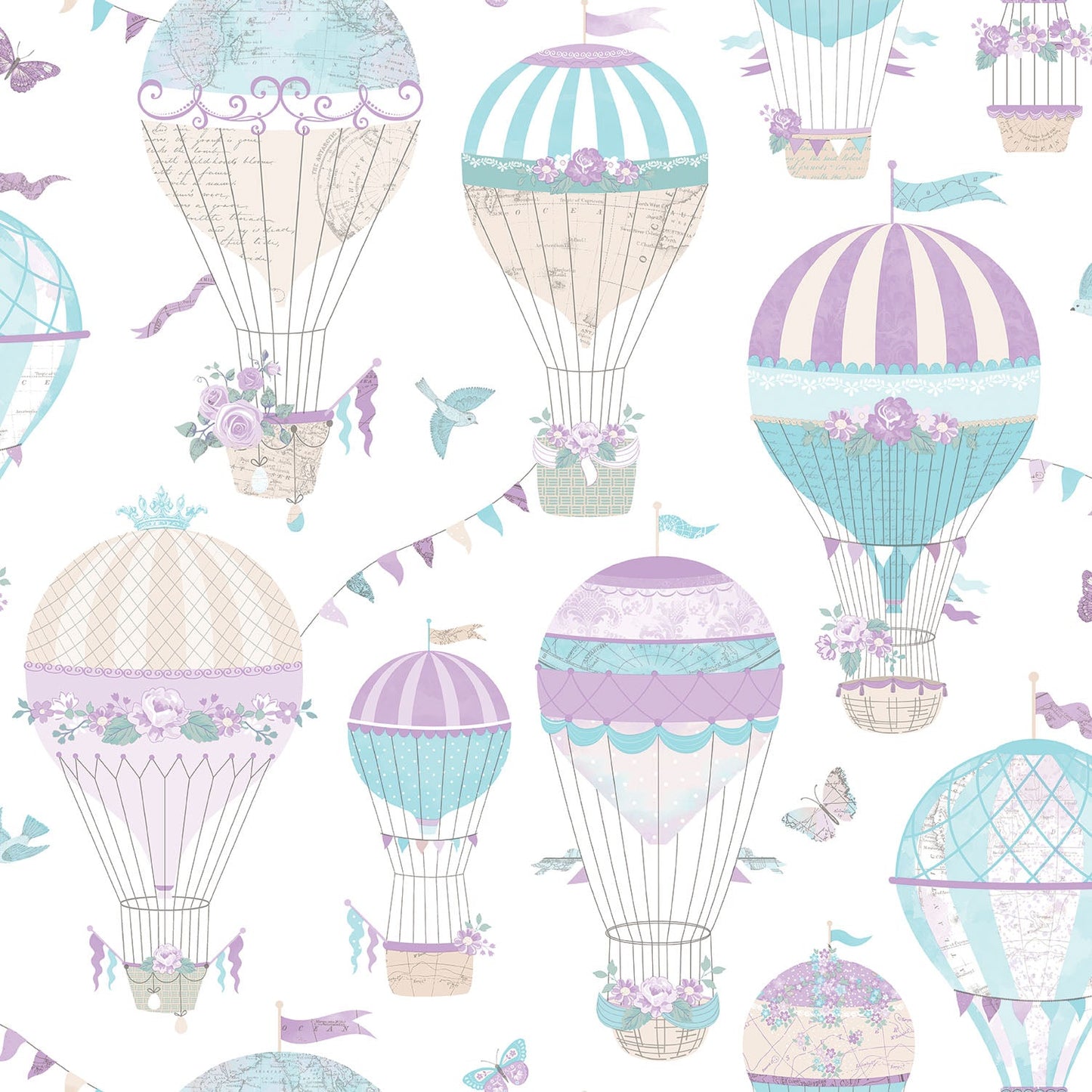 Just 4 Kids 2 Hot Air Balloons Wallpaper - Lilac / Aqua - Galerie - G56543 - Premier Wallcovering