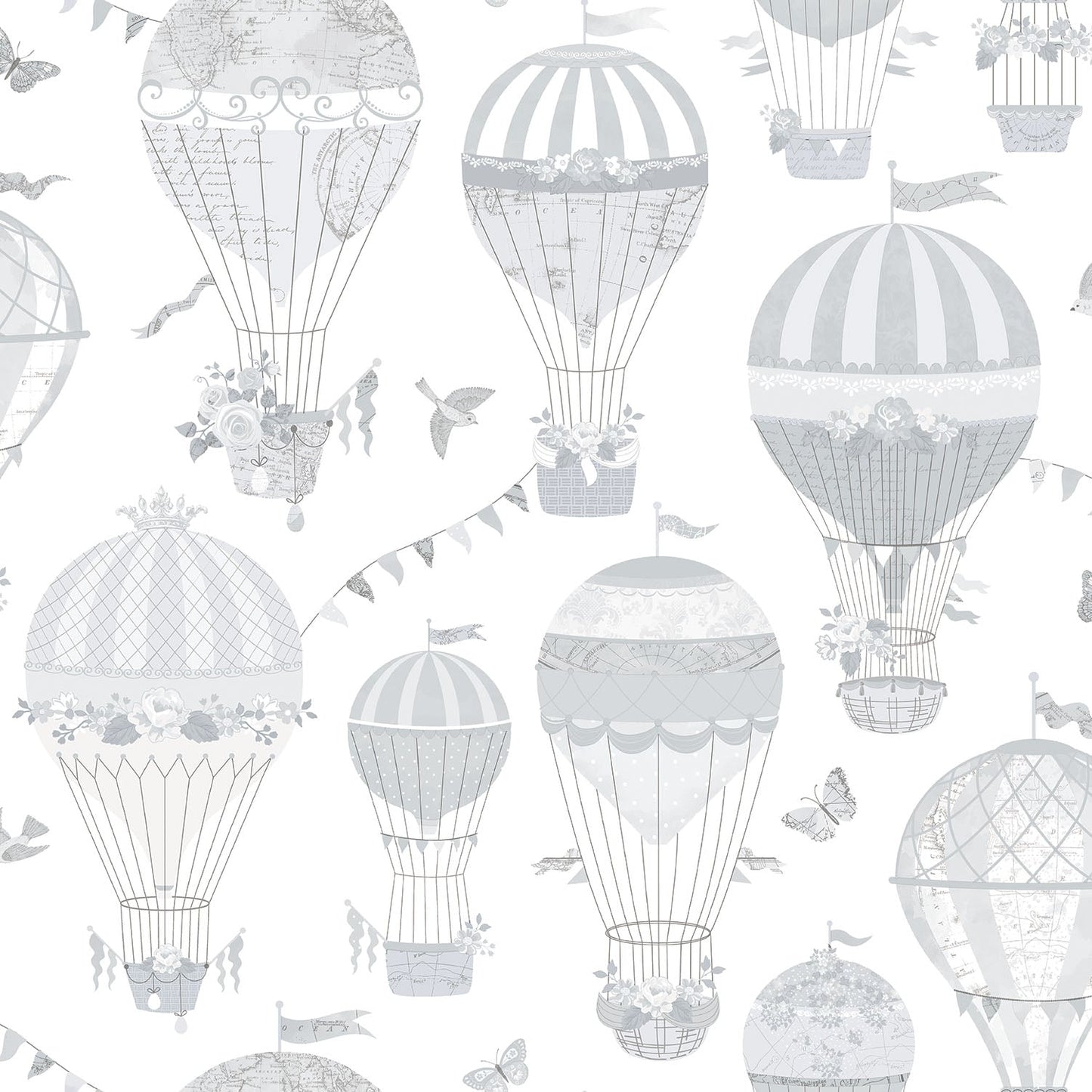 Just 4 Kids 2 Hot Air Balloons Wallpaper - Grey / White - Galerie - G56542 - Premier Wallcovering