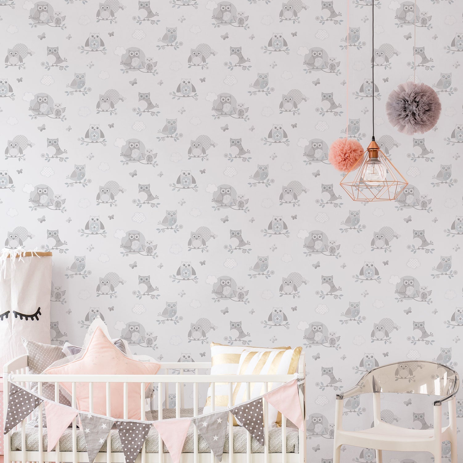 Just 4 Kids 2 Owls Wallpaper - Grey - Galerie - G56503 - Premier Wallcovering