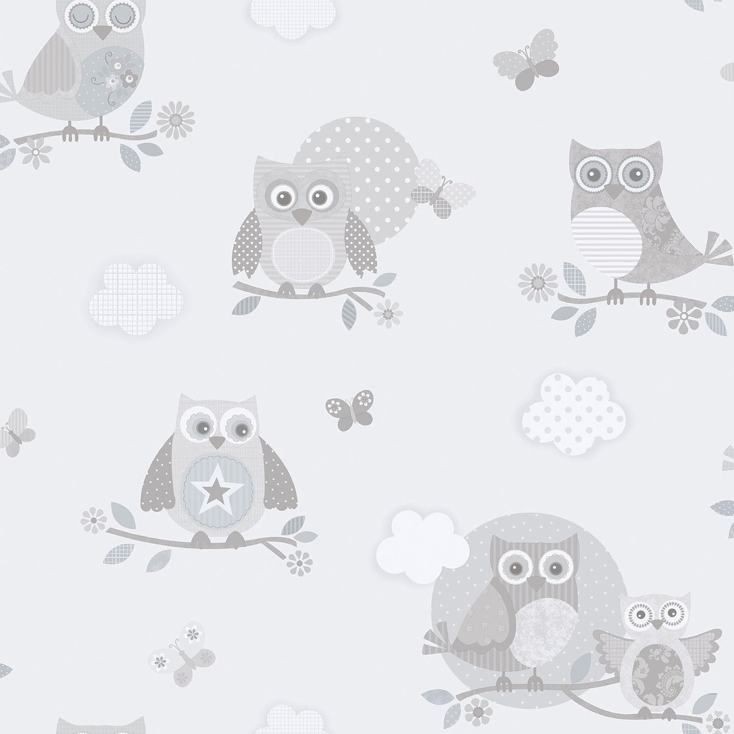 Just 4 Kids 2 Owls Wallpaper - Grey - Galerie - G56503 - Premier Wallcovering